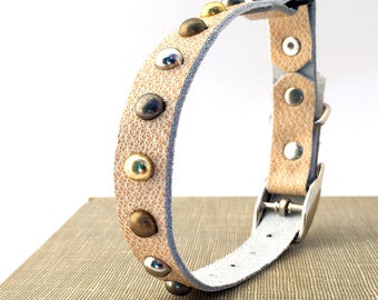 Cream Leather Cat Collar with Mixed Metal Studs, Size to fit a 8-10 Neck, Eco-Friendly, Reclaimed Leather, Studded Cat Collar, OOAK