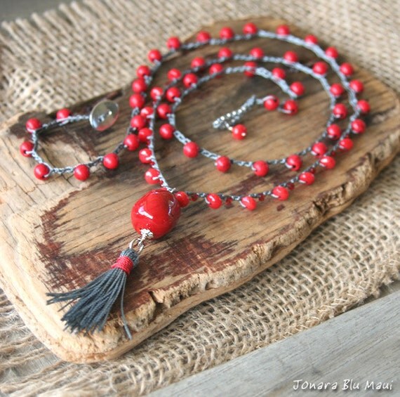 Long Necklace Red Necklace Boho Necklace Layering Necklace