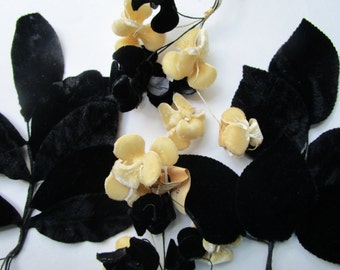 Czech Velvet Vintage 1950s Flowers Leaves Black Beige Millinery Hat Trims Wired