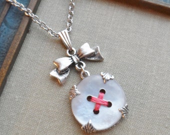 Vintage Mother of Pearl Button Necklace, Buttons and Bows, Salmon, Grandmother's Thread, Antique Silver,Timeless Trinkets