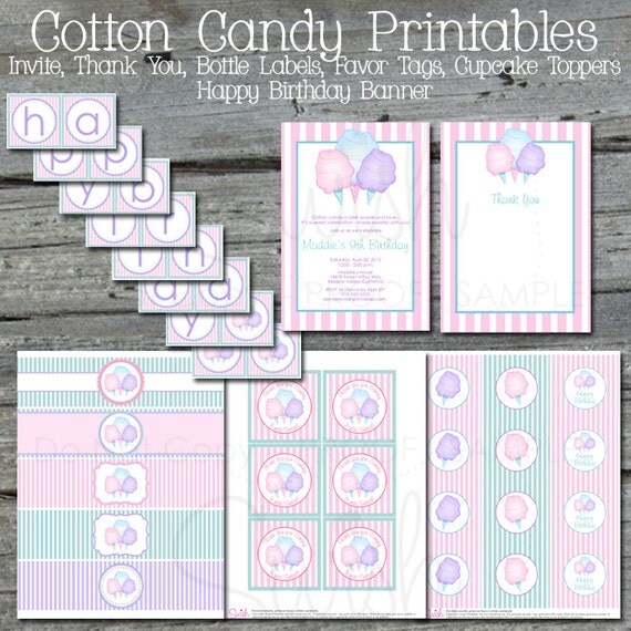 Cotton Candy Birthday Party - Printable DIY Includes custom 5x7 invite, favor tags, cupcake toppers, water bottle labels and more Il_570xn