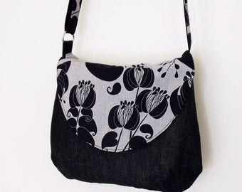Crossbody bag with adjustable strap, black and grey flowers