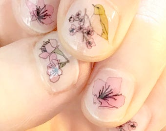 Cherry blossom nail transfers - illustrated sakura flower nail art stickers - cherry blossom bird nail decals - cherry blossom gift