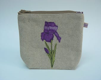 Purple Flag Iris zipped pouch, cosmetics purse, knitting notions bag
