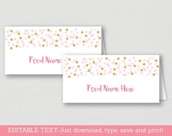 Blush Pink & Gold Food Tent Cards / Place Cards / Glitter Bridal Shower / Glitter Dots / Confetti / INSTANT DOWNLOAD Editable PDF B109