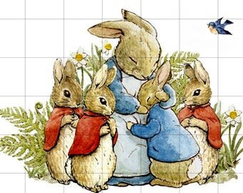 Mrs. Rabbit, PETER, MOPSY, FLOPSY and Cotton Tail with Bluebird, Vintage Print on Fabric. Fabric Block Panel. Size Options