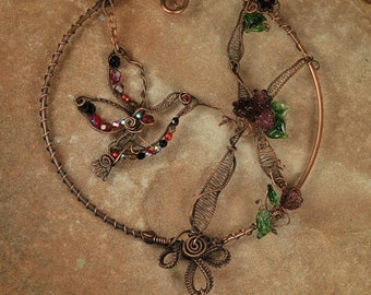Copper HummingBird SunCatcher, Rustic, Garden Swing, Beaded, Lampwork Beads, Wire Wrapped, Flowers #11 by CC Design