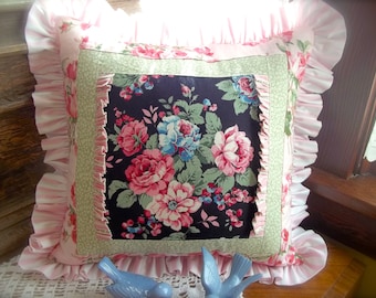 Cottage Chic Pillow~Cottage Pillow~Shabby Elegant Pillow~Shabby Cottage Pillow~Cottage Decor~Shabby Pink Roses~Shabby Blue Roses