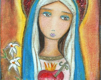 Sacred Heart Mary - Giclee print mounted on Wood (4 x 4 inches) Folk Art by FLOR LARIOS