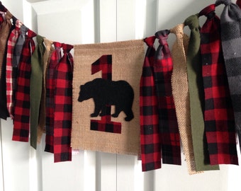 Woodland bear lumberjack High Chair Banner 1st Birthday cake smash photo prop Birthday Banner Burlap Banner Rag Tie Banner Buffalo plaid