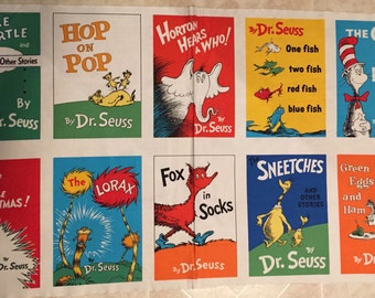 Free ship US Dr Seuss FABRIC PANEL 10 Block 100% cotton panel appr 23 x 44 Dr Seuss book titles Lorax, Cat in the Hat, One Fish, Hop on Pop