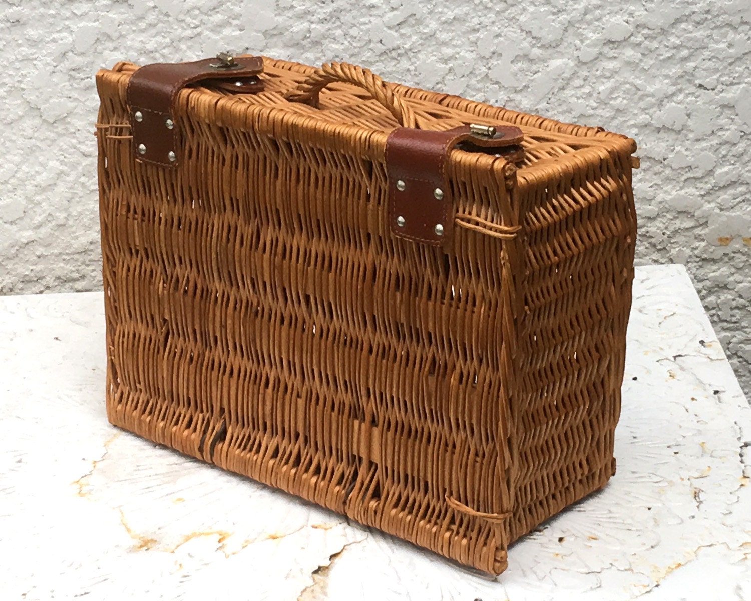 Vintage Wicker Suitcase / Picnic Basket Leather Straps and
