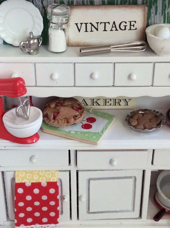 Miniature Dollhouse White and Red Dish Hutch112 Scale