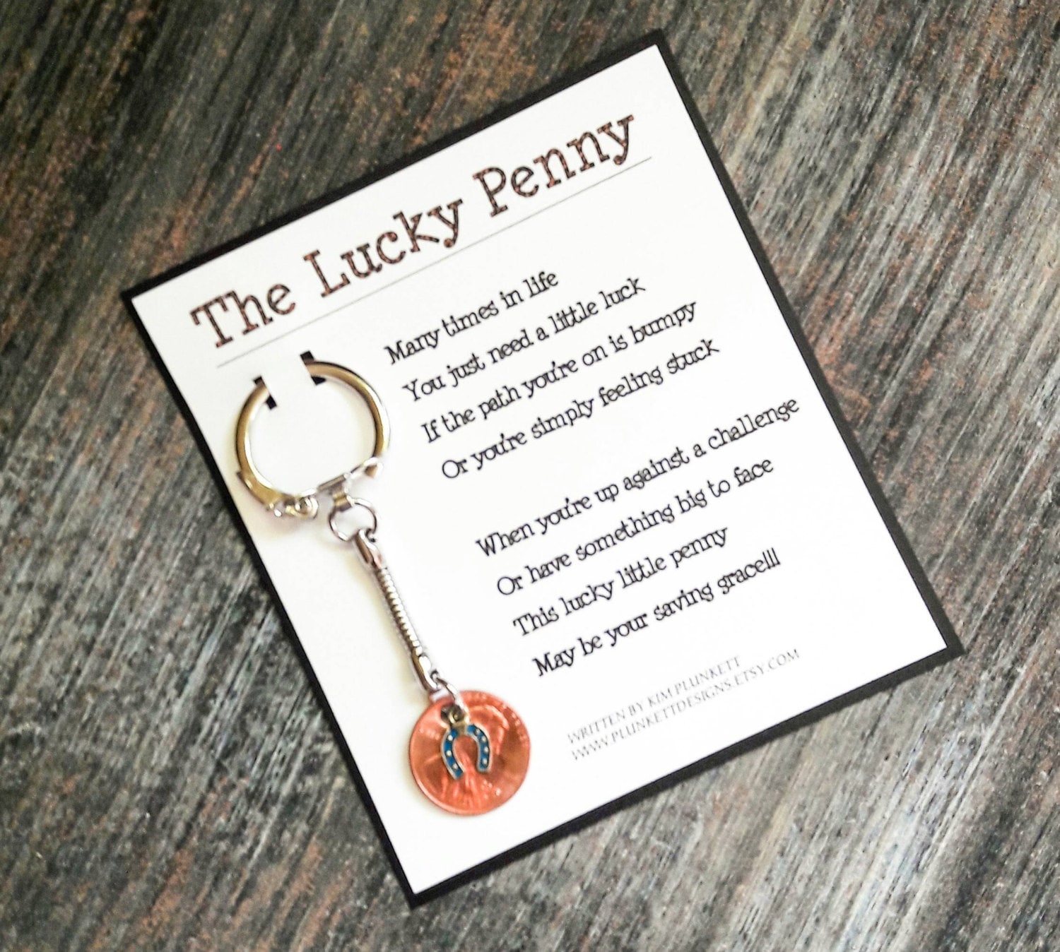 The Lucky Penny Original Poem And Keychain Shown With Blue