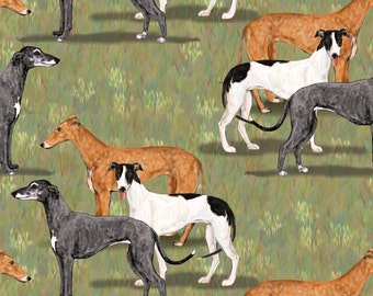 Greyhound Fabric - Three Greyhounds Blue Red Fawn And Black And White By Eclectic House - Watercolor Greyhound Fabric With Spoonflower