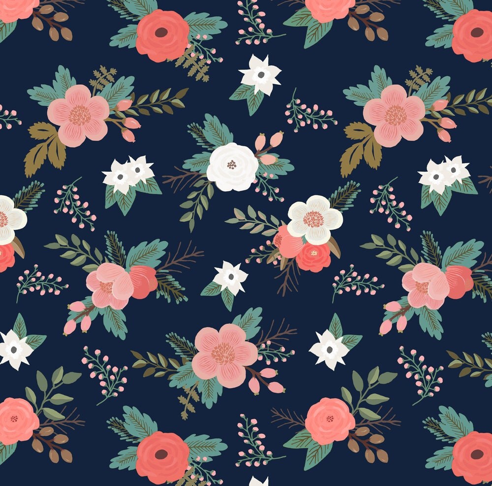 Navy Floral Fabric Sweet Bouquets In Navy And Coral By