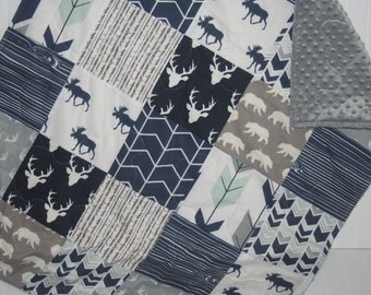 baby quilt- baby boy quilt-minky baby quilt- navy baby quilt- mint baby quilt- baby bedding- arrow baby quilt- woodland baby bedding