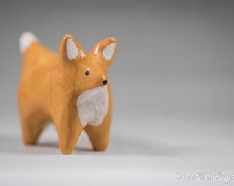 Pottery Red Fox - Miniature Ceramic Porcelain Clay Animal Orange Sculpture Decorative Home Decor Ornament - Terrarium Figurine
