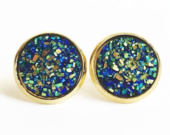 Green Peacock Druzy Studs - Peacock Druzy - Druzy Studs - Green Stud Earrings