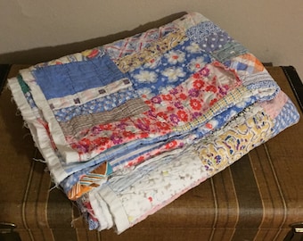 Vintage Quilt Scrap Patchwork Blanket Shabby Chic Floral Calico Distressed Rustic Farmhouse Antique Cottage Picnic