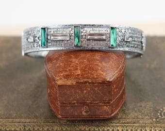 art deco filigree bracelet rhodium emerald rhinestone flapper bangle 1920s antique gift wedding party