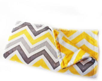 Minky Baby Blanket Boy or Girl, Yellow Gray Chevron// 30 in Ready to Ship