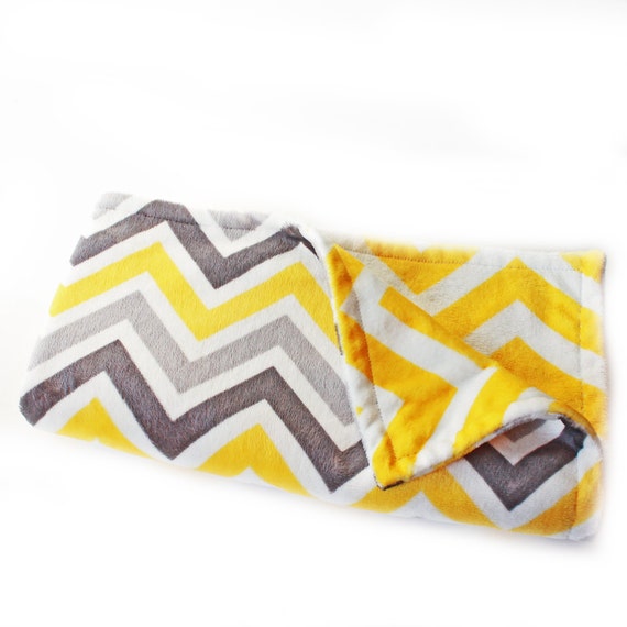 Minky Baby Blanket Boy or Girl, Yellow Gray Chevron// 30 in Ready to Ship
