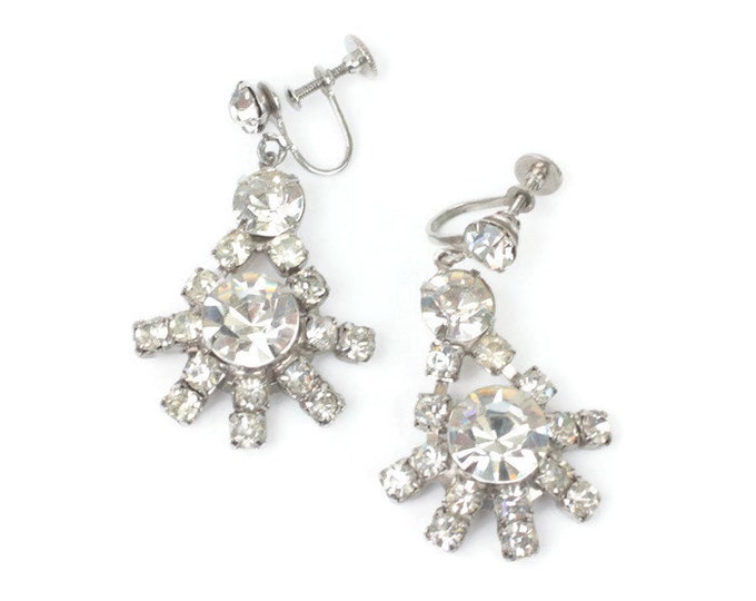 Clear Rhinestone Dangle Earrings Large Glitzy Screw Back