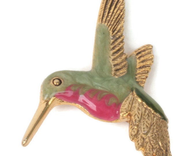 Enameled Hummingbird Pin Green Red Brooch Vintage