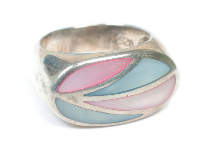 Vintage MOP Ring Channel Inlay Setting Pink Blue Shell Size 7.5