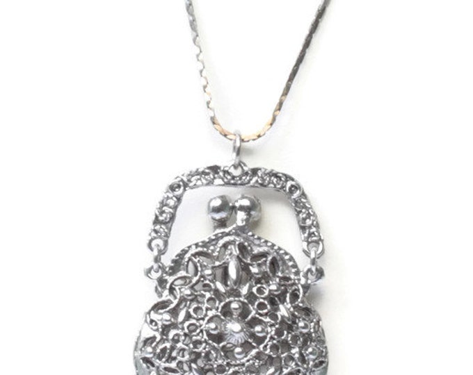 Purse Pendant Silver Tone Filigree Perfume Retro Vintage