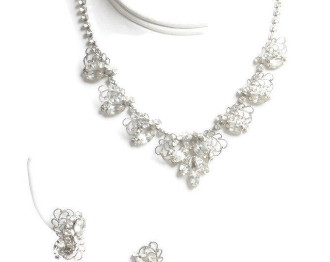 CIJ Sale Rhinestone Filigree Necklace Earring Set Wedding Bridal Prom Silver Tone Vintage