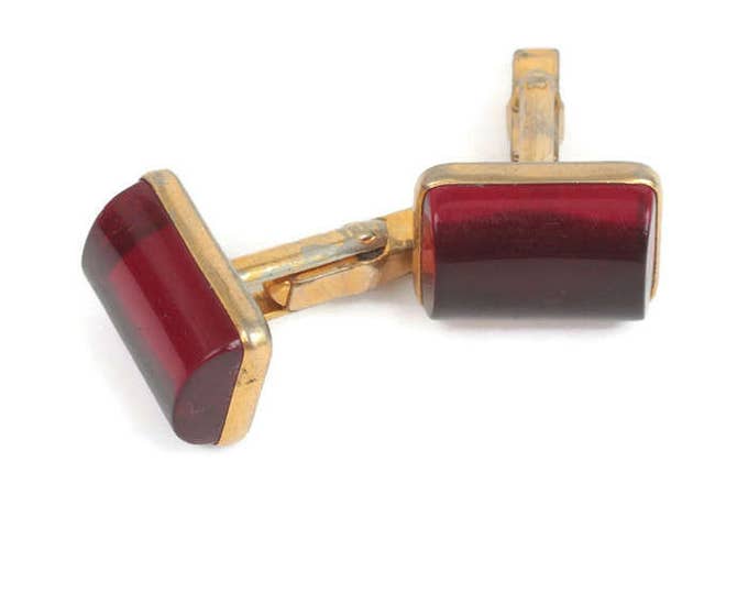 Red Lucite Cuff Links Swank Swivel Backs Gold Tone Vintage
