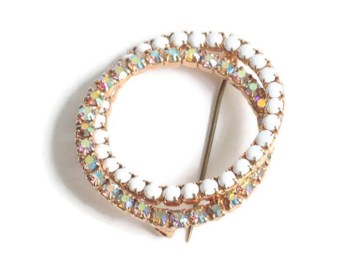 White Milk Glass and AB Rhinestone Circle Brooch Tara Vintage