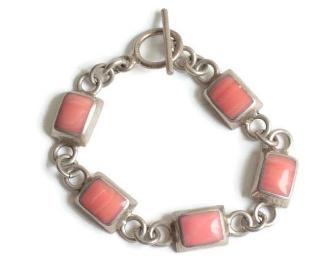 CIJ Sale Coral Banded Agate Sterling Link Bracelet Smaller Wrist Vintage