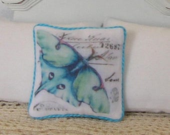 1:12 Pillow - Turquoise Butterfly Collage - Dollhouse Scale Miniature - French Shabby Cottage *Free Shipping*