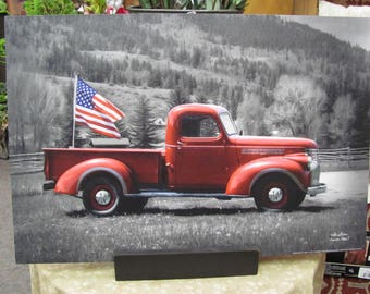 Vintage Pickup,Patriotic,American Flag,Patriotic Pickup,Lori Dieter,18x12,Wooden Art Plaque
