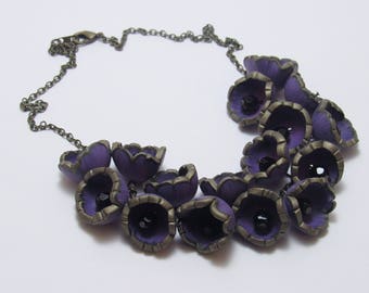 Purple Flower Statement Necklace, Polymer Clay Cane, Bronze Nature Jewelry, Unique Womens Gift
