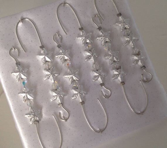 Beaded Ornament Hanger Hooks Silver Stars and Crystal Beads