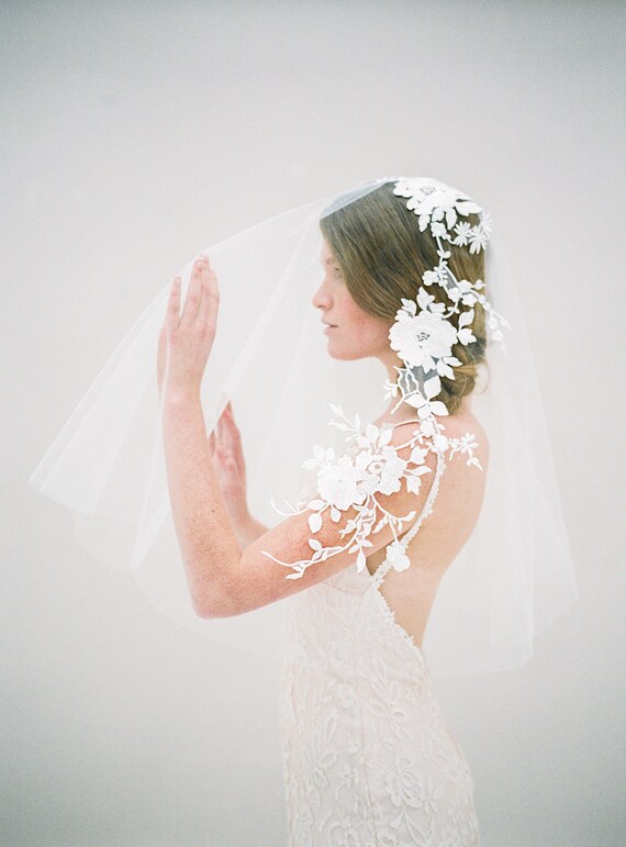 Wedding Veil, Floral Veil, Bridal Veil, Blusher Veil, Ivory Veil, Short Veil, Modern Veil, Embroidered Veil, Nature Inspired - Style 617