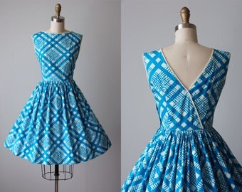 1950s Dress - Vintage 50s Dress - Turquoise White Bias Plaid European Cotton Full Skirt Sundress XS S - Océade Dress