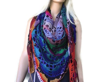 Varna Bohemian crochet scarf-multicolor Super lacy Crochet oversize scarf with fringes-Silk and mohair-Handmade