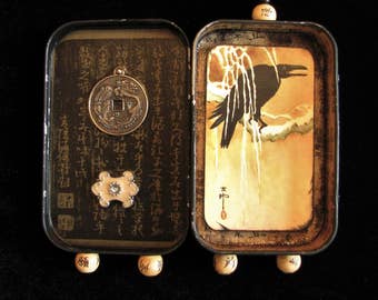 Altered Art Tin, Raven and Dragon Shrine, Mint Tin Shrine, Oriental Shrine, Asian Art Shrine, Upcycled Mint Tin, Tin 10th Anniversary Gift