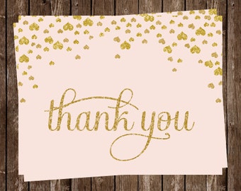 Hearts, Bridal Shower, Thank you Cards, Blush, Gold, Confetti, Champagne, Wedding, Glitter, Love, 24 Folding Notes, FREE Shipping, Birthday