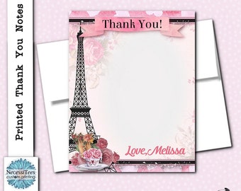 Printed Thank You Note Cards, With Envelope, French Paris Eiffel Tower, Pink Roses, Hearts, Bridal Shower, Birthday Party, Baby Shower