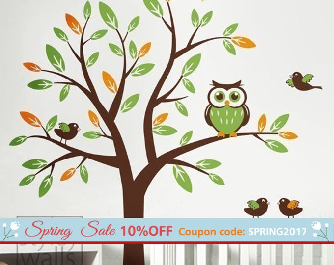 Owl Tree Wall Decal, Tree with Owls and Birds Wall decal, Owl Tree for Nursery Wall Decor, Owls Tree Kids Room Wall Decal, Owls Tree Sticker