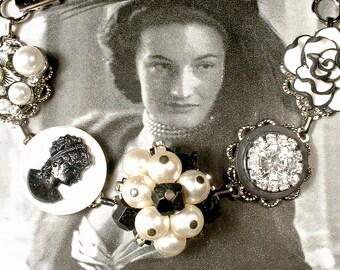 OOAK Black & Ivory Pearl, Rhinestone, Cameo Bridesmaids Bracelet, Vintage Cluster Earring Bracelet Silver Modern Wedding Gift Audrey Hepburn