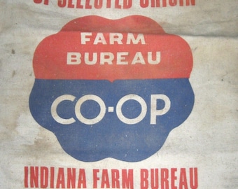 Vintage CO-OP Seed Feed Bag Sack Red Blue Graphics Feedsack