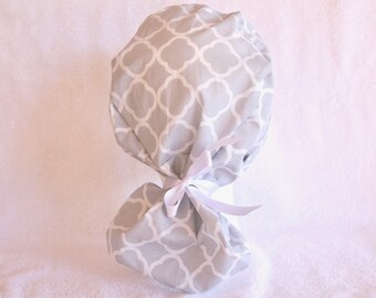 PonyTail Scrub Hat, Scrub Hat - Nurse surgical Hat, Grey and White