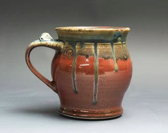 Handmade pottery coffee mug, ceramic mug, stoneware tea cup 16 oz mug deep glossy tangerine red flake 4006
